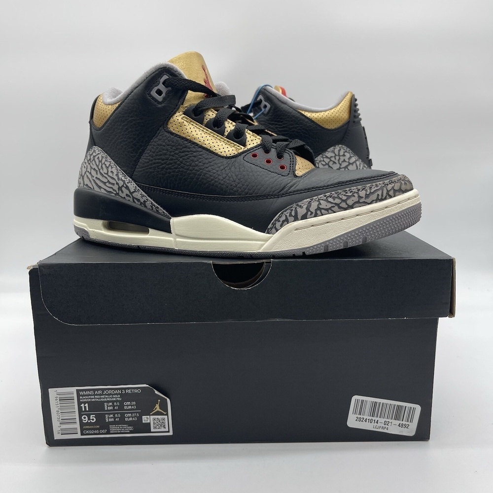 Nike CK9246-067 Air Jordan 3 Retro Women's 11 / Men's 9.5 Sneakers 'Black‎ Gold'